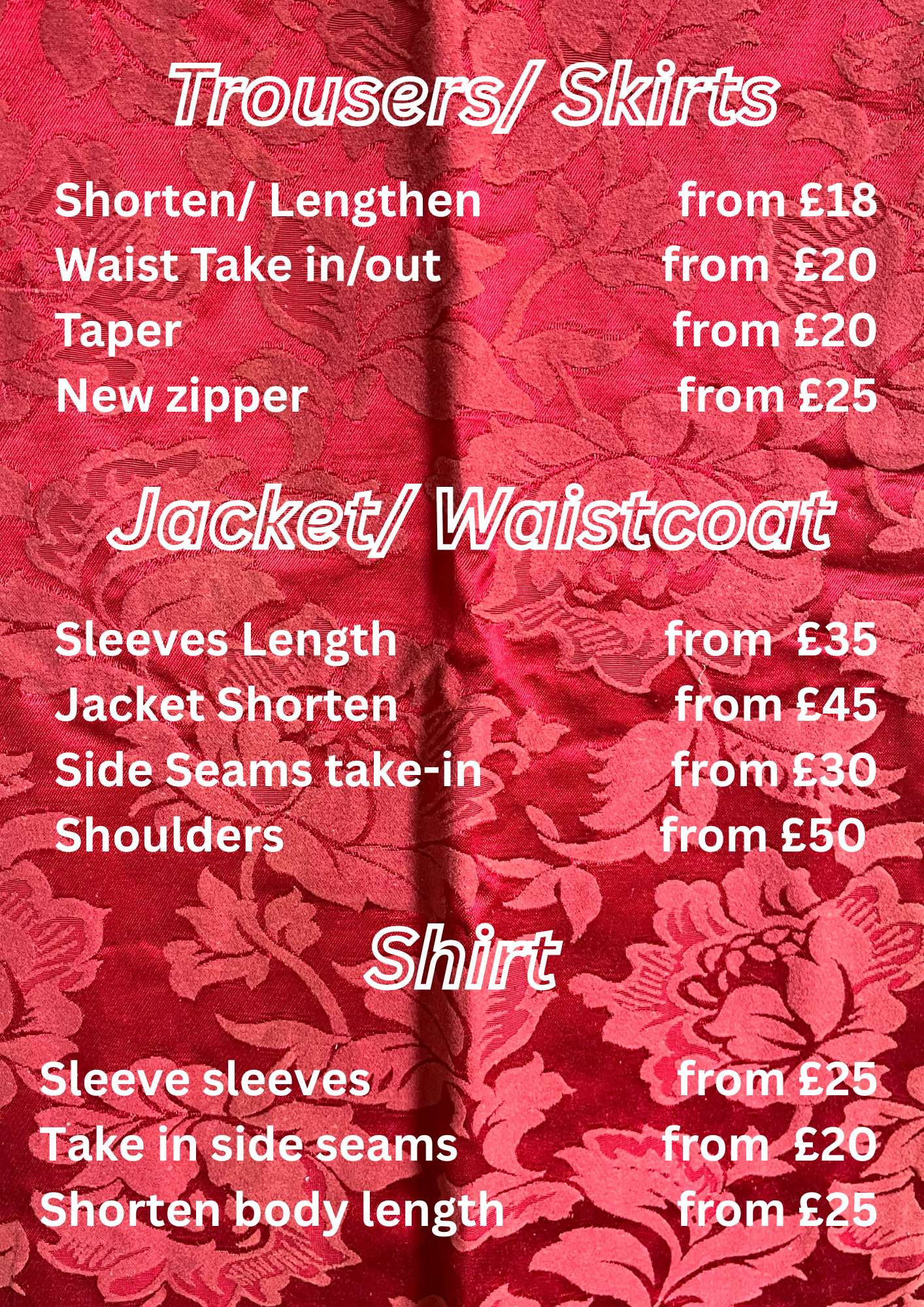 Red floral fabric with text detailing clothing alteration services and their prices.